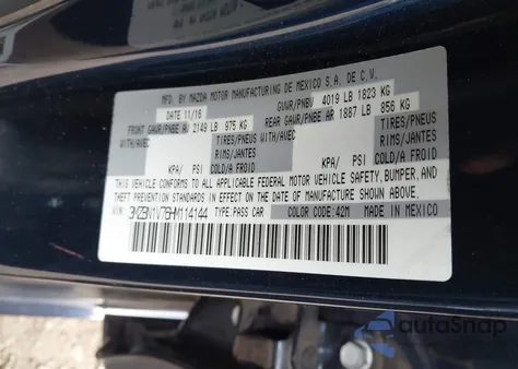 2017 Mazda Mazda3 Touring z USA, uszkodzony, nr VIN 3MZBN1V76HM114144